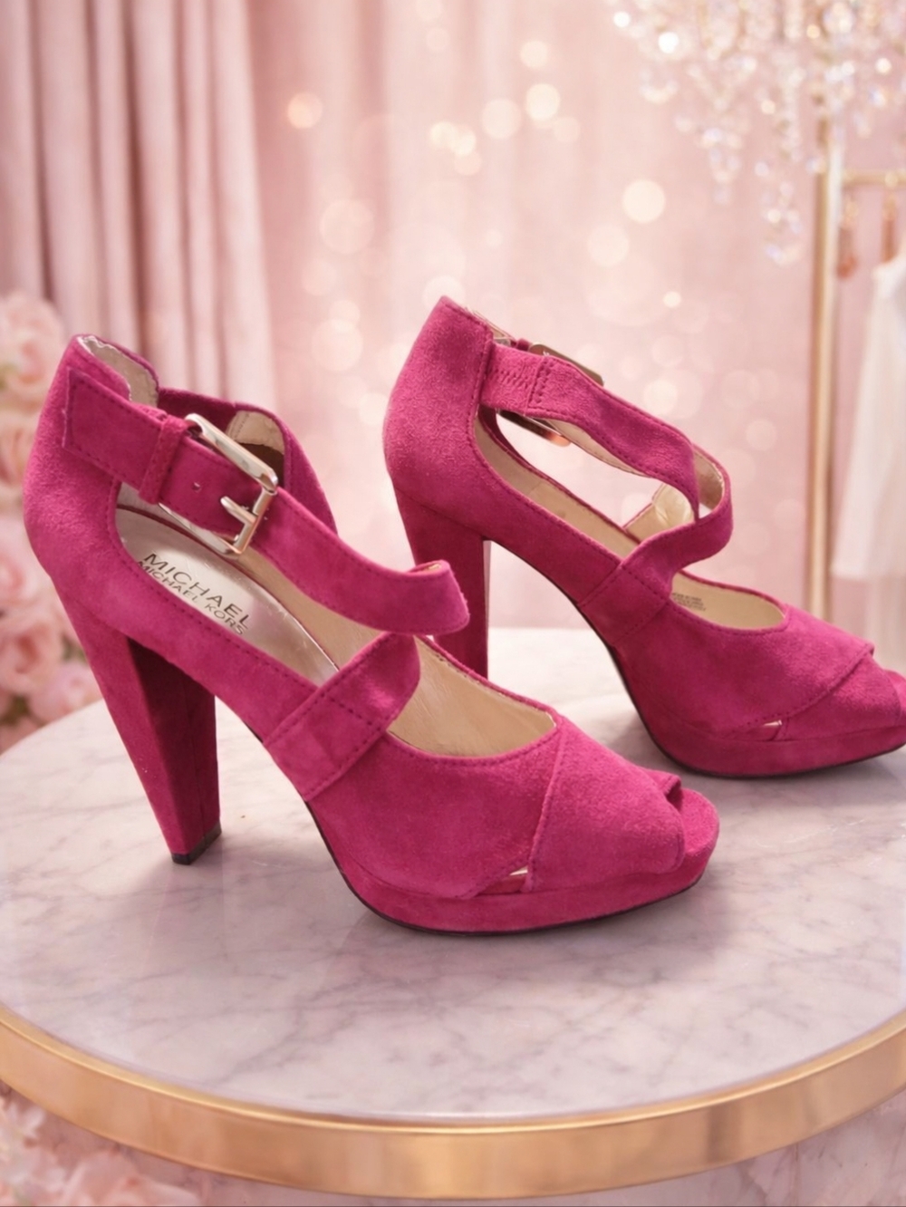 Michael Kors 8.5M Fuchsia Suede Peep-Toe High Heels